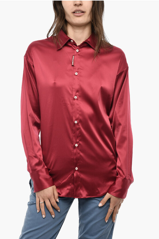 Dsquared2 Satin Long Sleeved Shirt With Rhinestoned Logo In Red