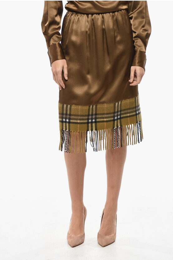 Burberry Satin Midi Skirt With Tartan Patterned Scarf Detail In Brown