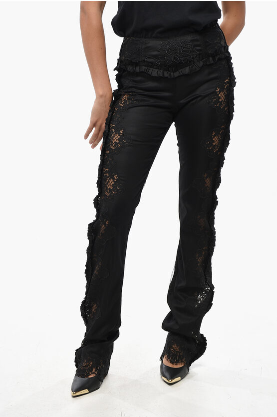 Dsquared2 Satin Pants With Lace Inserts And Ruffled Details In Black