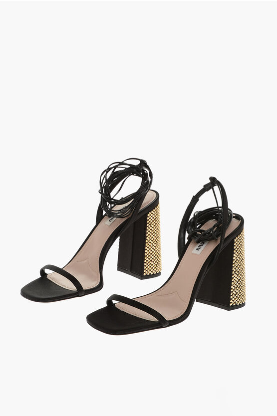 Shop Miu Miu Satin Sandals With Squared Rhinstoned Heel 10cm