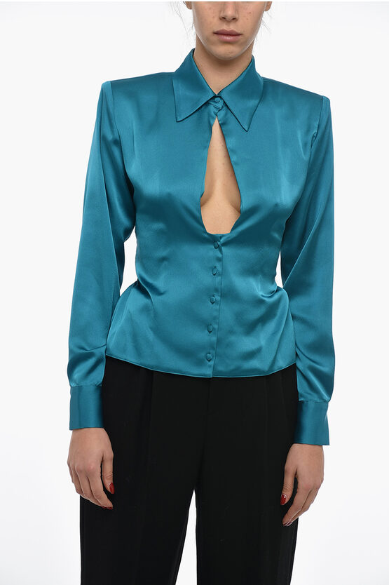 Nine Minutes Satin Shirt With Padded Shoulders And Belt In Blue