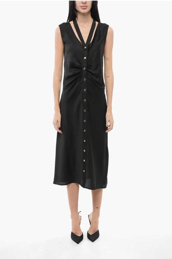 Pinko Satin Sleeveless Acheloo Shirt Dress With Golden Buttons