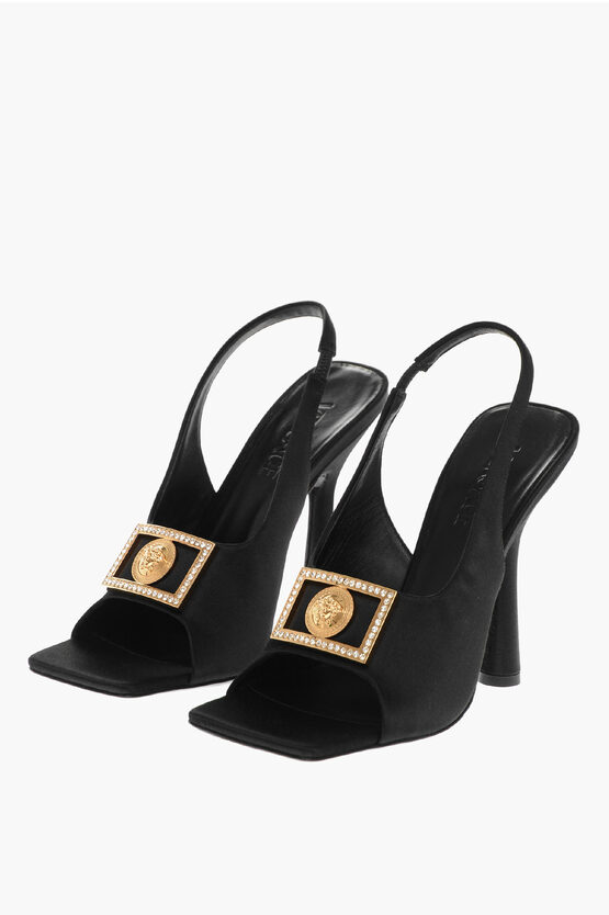 Shop Versace Satin Slingback Sandals With Logoed Buckle 11cm