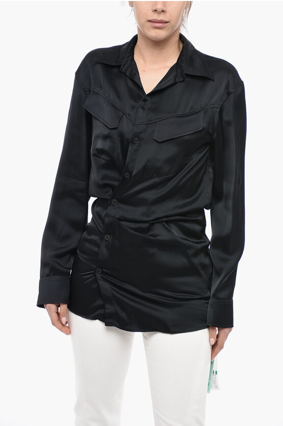 Off-white Satin Twist Shirt With Draping In Black
