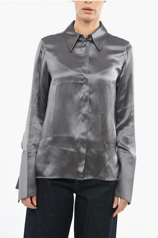 Bite Studios Satin Twisted Shirt With Decorative Cuffs In Gray