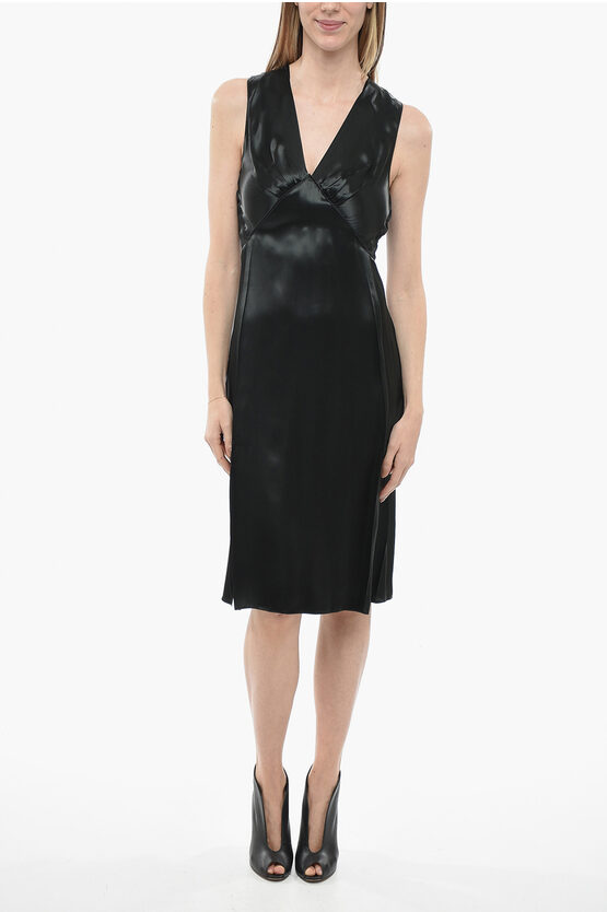 Bottega Veneta Satin V-neckline Dress With Rear Zip In Black
