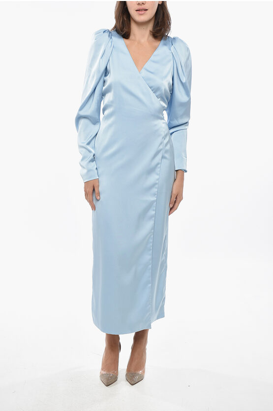 Rotate Birger Christensen Satin Wrap Dress With Balloon Sleeves In Brown