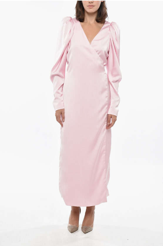 Rotate Birger Christensen Satin Wrap Dress With Balloon Sleeves In Pink