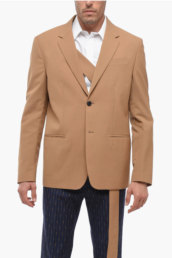 Off-white Seasonal 2 Button Wool Blend Blazer With Tie In Brown