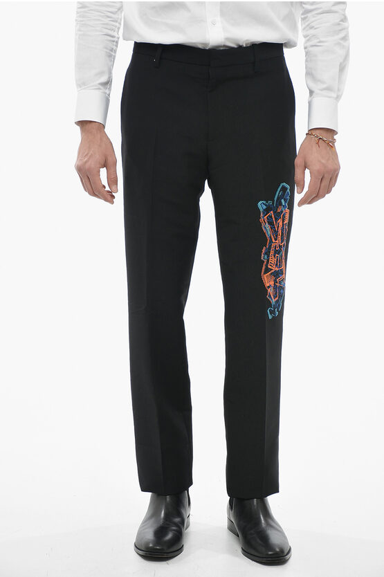 Off-white Seasonal Wool Blend Graffiti Trousers With Embroidery In Black