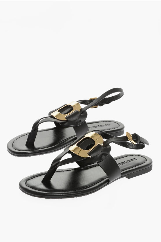 Chloé See By Leather Thong Sandals With Golden Maxi Detail In Black