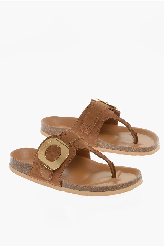 Chloé See By Suede Thong Sandals With Maxi Golden Buckle In Brown