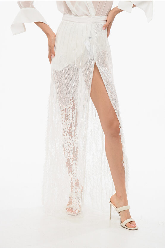 Elisabetta Franchi See Through Sequined Skirt With Embossed Details In White