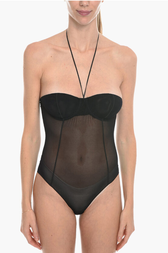 Oseree See-through Strapless Bodysuit With Underwired Cups In Black