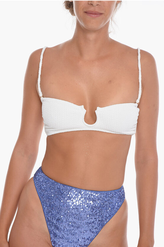 Nanushka Seersucker Fabric Bandeau Mahy Bikini Top With Frontwire In White