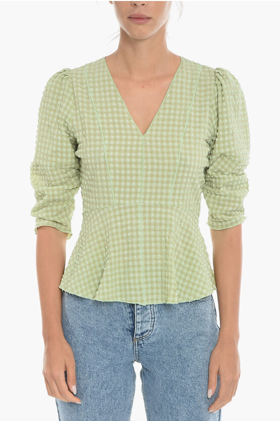 Notes Du Nord Seersucker Fabric Emmi Top With V-neck In Green