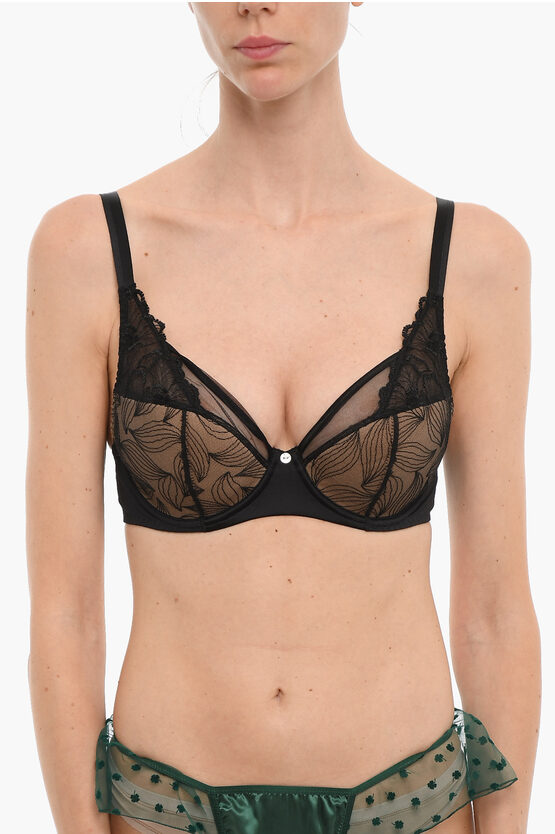 Maison Lejaby Semi-padded Flora Balconette Bra With Floral Embroidery In Black