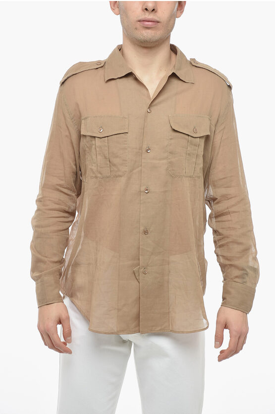 Saint Laurent Semi-sheer Shirt With Double Chest Pocket In Neutral