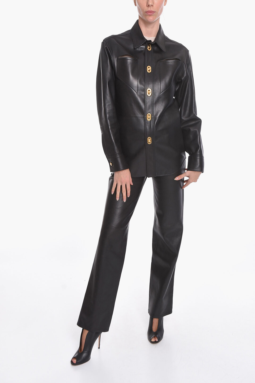 Bottega Veneta ブラウンカバーオール Bottega Veneta Semiplongé-leather Overshirt with Gold-toned