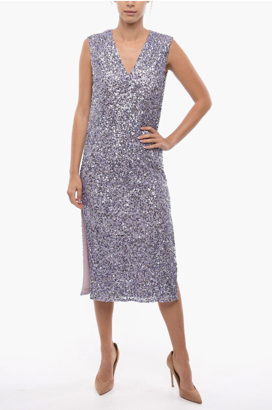 Notes Du Nord Sequin All-over Sleeveless Deena Dress With Side Slit In Blue