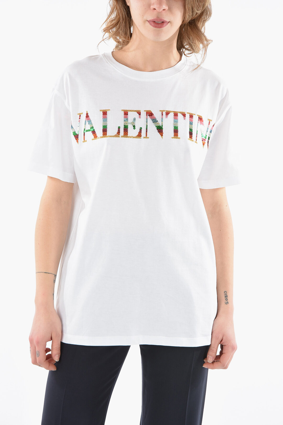 lyd tilskuer blæk Valentino Sequin Embroidered Logo Crewneck T-shirt women - Glamood Outlet