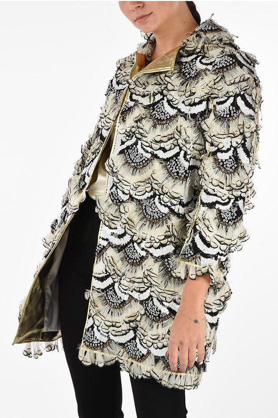 Dsquared2 Sequined Coat With Feathers In Gray