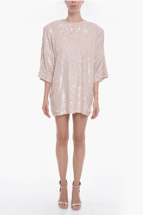 The Mannei Sequined Coria T-shirt Dress With Padded Shoulders In Pink