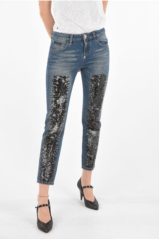 Philipp Plein Sequined Detail Boyfriend Denims In Blue