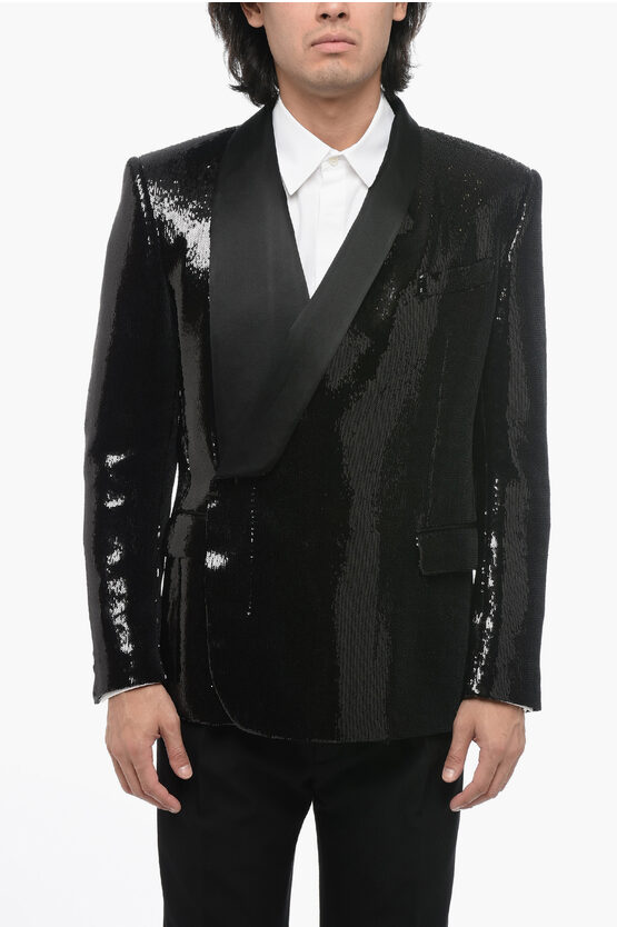 Shop Dolce & Gabbana Sequined Double-breasted Blazer With Silk Lapel