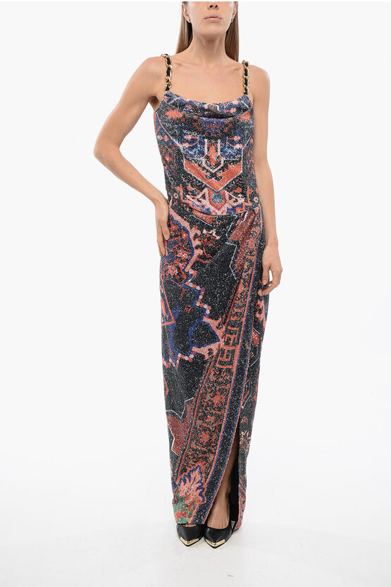 Shop Balmain Sequined Dress With Chains And Deep Slit