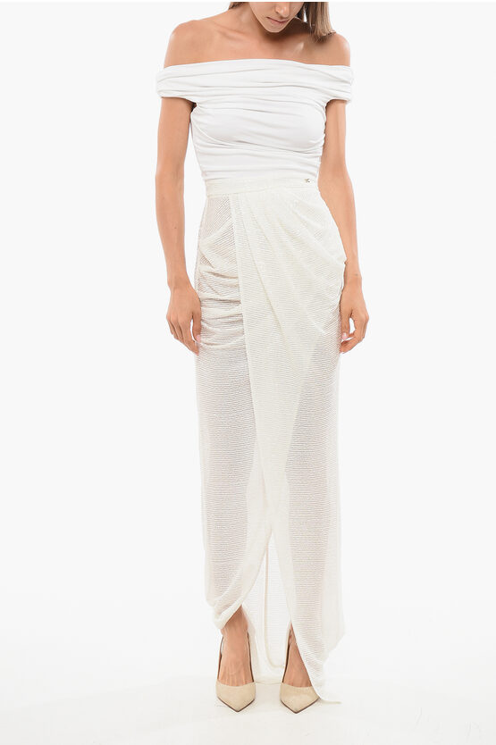 Elisabetta Franchi Sequined Dress With Draped Neckline In White