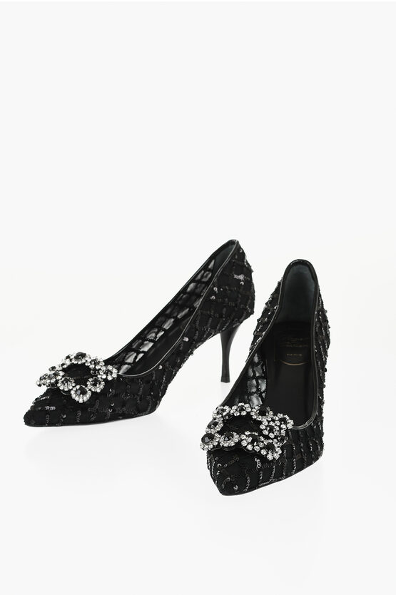 Roger Vivier Sequined Flower Strass Pumps With Jewel Buckle 7cm In Black