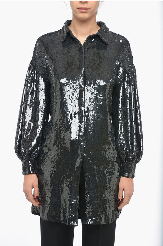 P.a.r.o.s.h Sequined Gentle Shirt Dress With Balloon Sleeves In Black