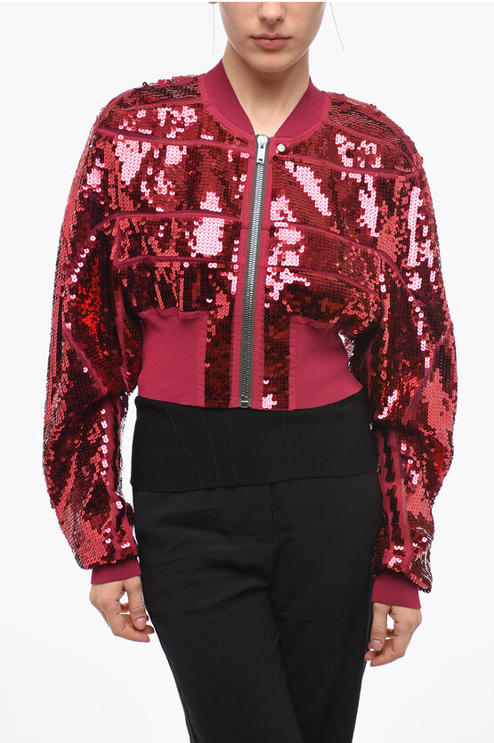 Shop Rick Owens Sequined Girdered Flight Cropped Jacket
