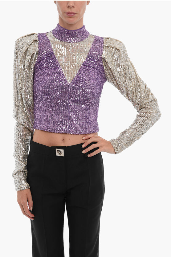 Rotate Birger Christensen Sequined Ida Top With Padded Shoulder In Purple