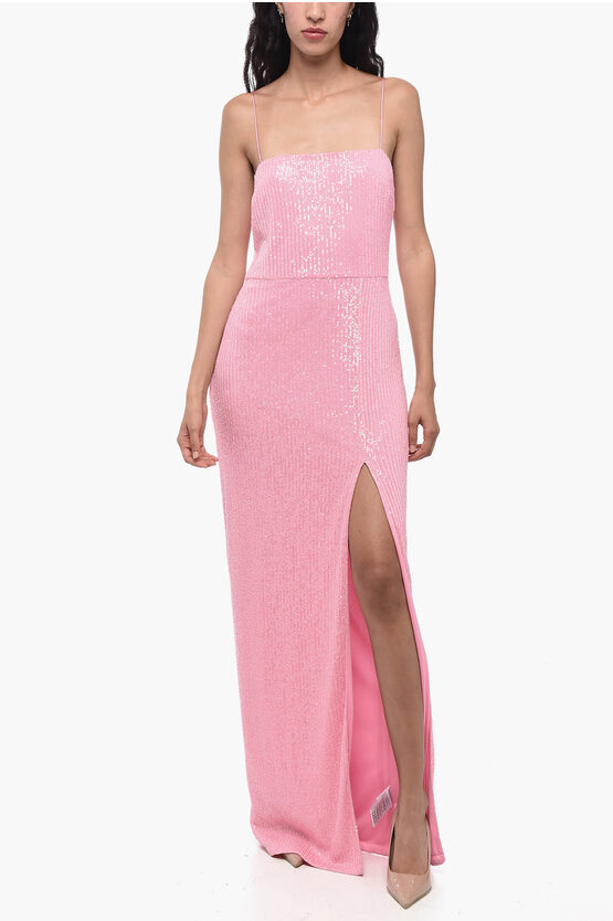Rotate Birger Christensen Sequin-embellished Side-slit Maxi Dress In Pink Polyester