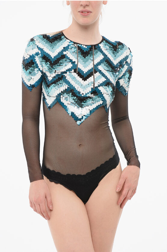 Elisabetta Franchi Sequined Mesh Bodysuit In Blue
