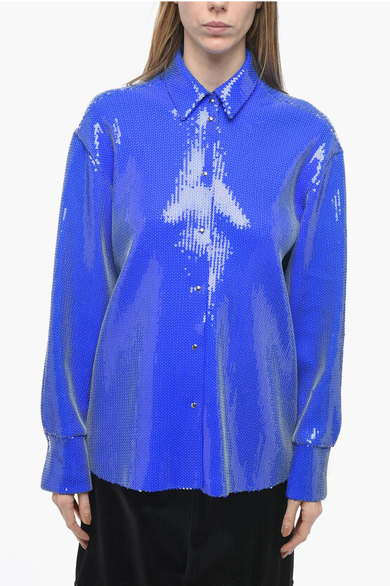 David Koma Sequined Oversized Shirt With Snap Buttons In Blue