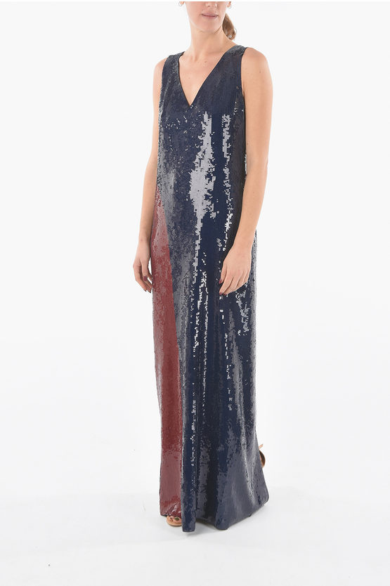 Shop Tory Burch Sequined Sleeve-less Long Dress With Back Slit