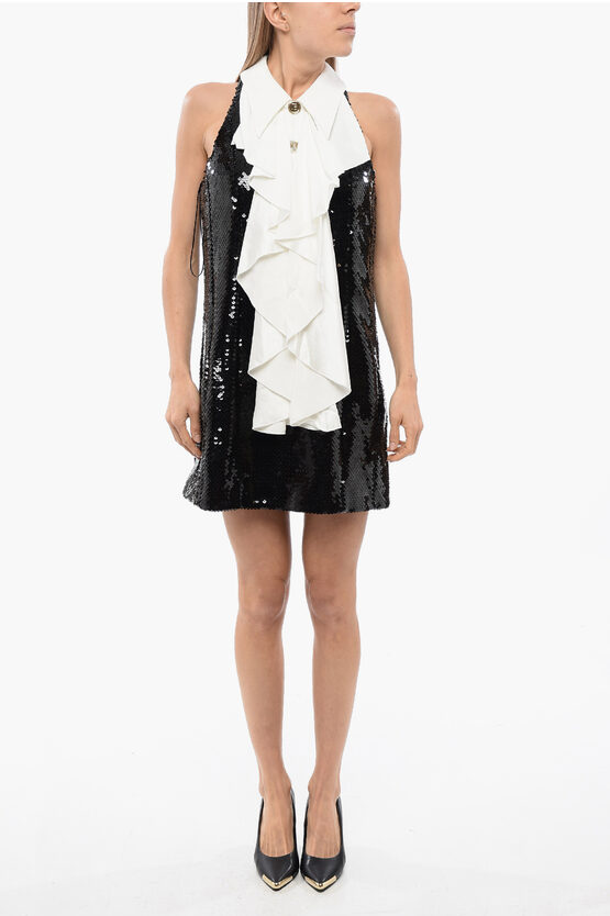 Shop Balmain Sequined Sleeveless Dress With Collar Details