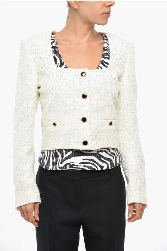 Alessandra Rich Sequined Tweed Blazer With Jewel Buttons In Neutral
