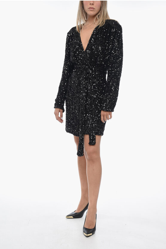 ROTATE BIRGER CHRISTENSEN SEQUINED WRAP DRESS WITH BELT 