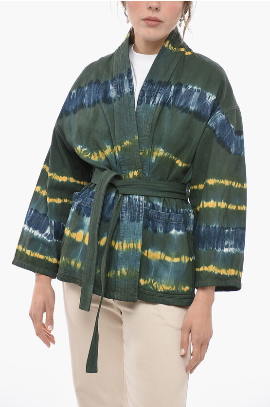 Dior Shawl Lapel Tie Dye Denim Jacket With Belt In Green