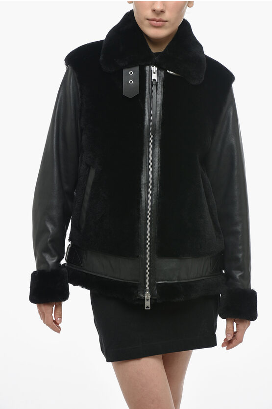 Allsaints Shearling Bexley Biker Jacket With Leather Sleeves In Black