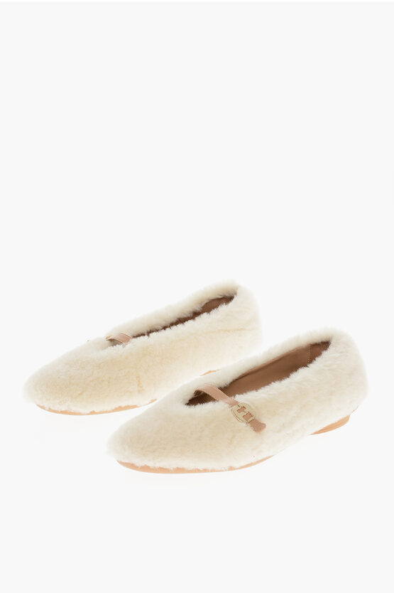Ferragamo Shearling Noella Mary Jane Ballet Flats In White