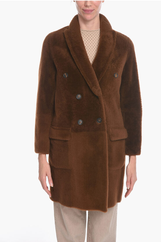 Brunello Cucinelli Sheepskin Fur Double-breasted Coat With Flap Pockets In Brown