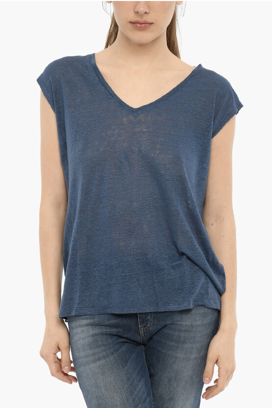 Woolrich Sheer Linen T-shirt With V-neck In Blue