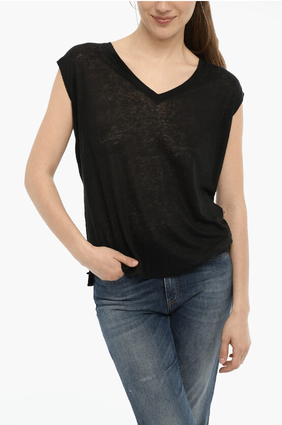 Woolrich Sheer Linen T-shirt With V-neck In Black