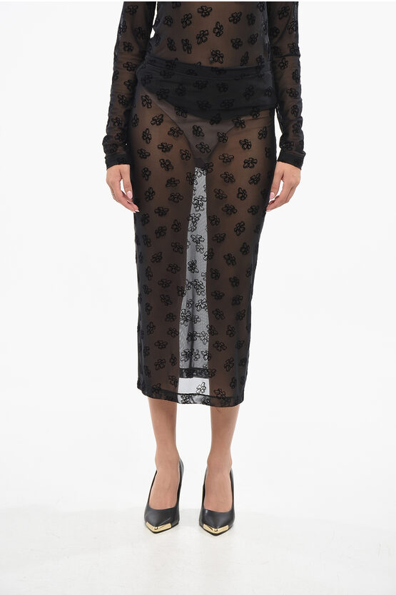 Maccapani Sheer Longuette Skirt With Velvet Floral Motif Embroidery In Black