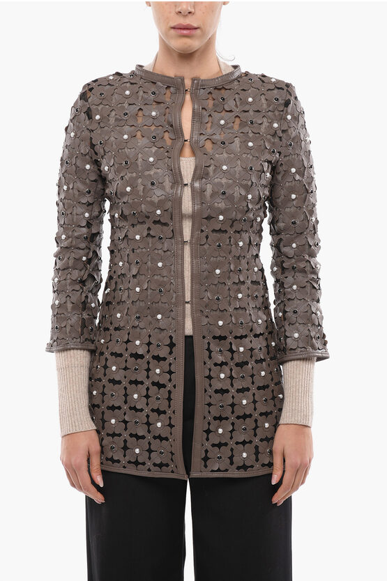 Caban Romantic Sheer Overcoat With Embossed Leather Applications In Brown